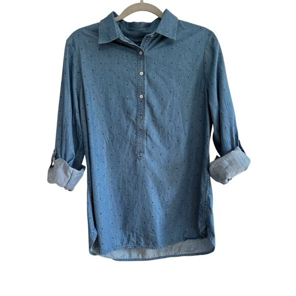 Talbots Women's Blue Polka Dot Cotton Button-Down Roll-Tab Sleeve Shirt Medium - Picture 2 of 5